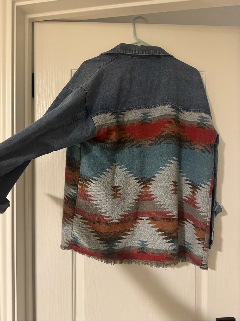 Boho Aztec Denim Jacket - Blue with Multi-Color Pattern - Picture 3 of 3